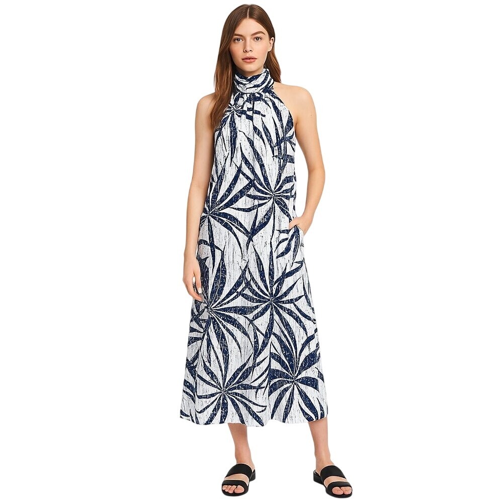 CAROL HORN VINTAGE 70's white blue tropical‎ maxi dress large pockets XS